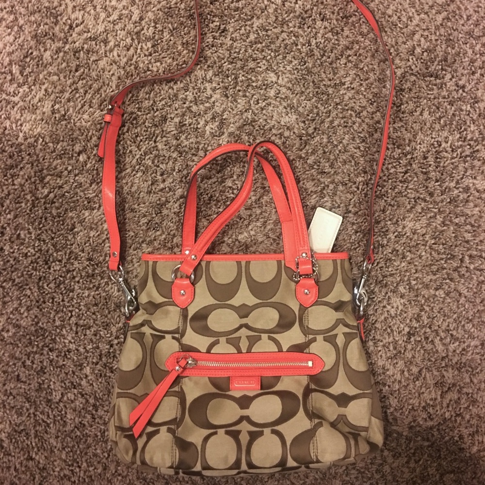 Canvas Logo and Orange Leather Coach Bag